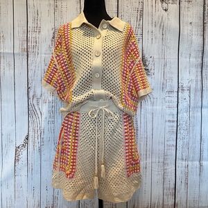House of Harlow 1960 Boho Chic Retro Inspired Coastal Crochet Knit Short Set SzM